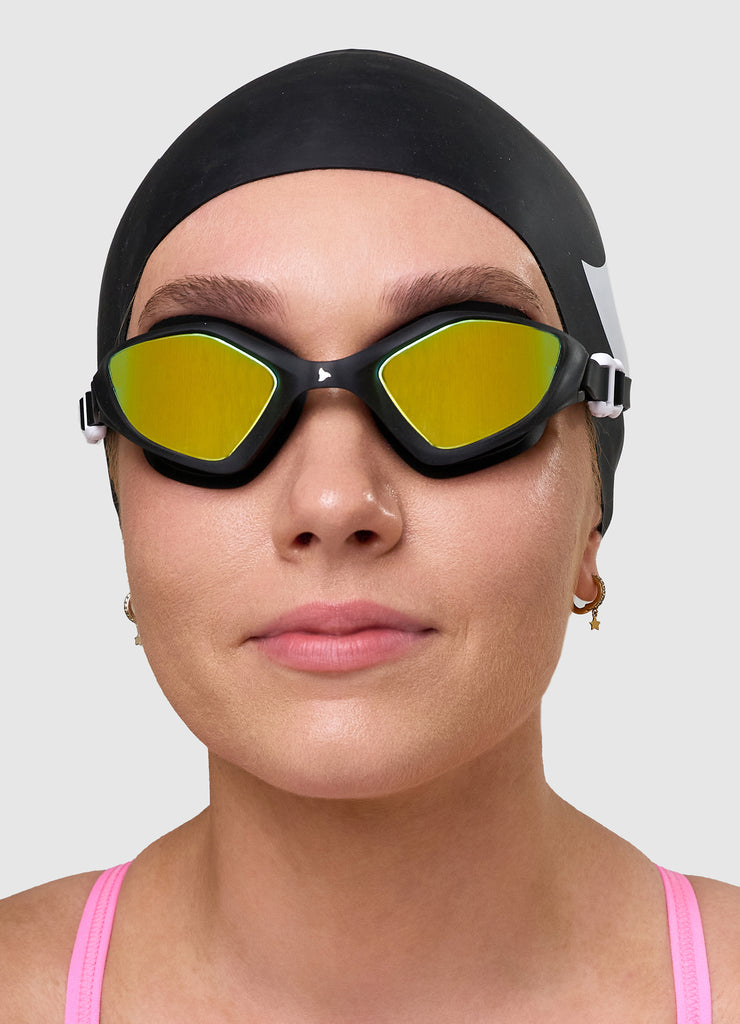 Female swimmer wearing TRI-FIT RAPID-X swim goggles in black