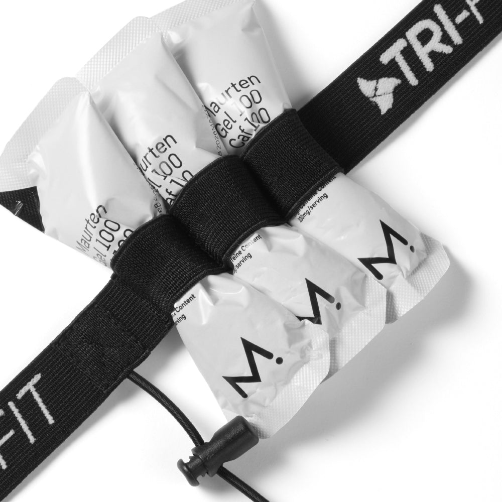 TRI-FIT Race Bet in black with white logo and 6 energy gel loops, 3 race number toggles and size adjustable buckle. 
