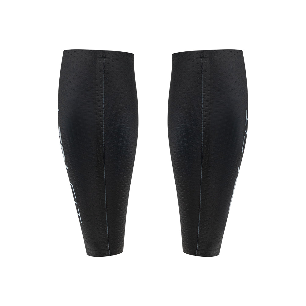 Rear view of black CORE Calf Sleeves highlighting heat-welded centre seam for clean aerodynamic finish.