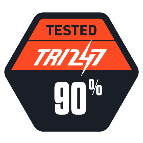 TRI247l logo with 'TESTED', 'TR247', and '90%' text on an orange and black background