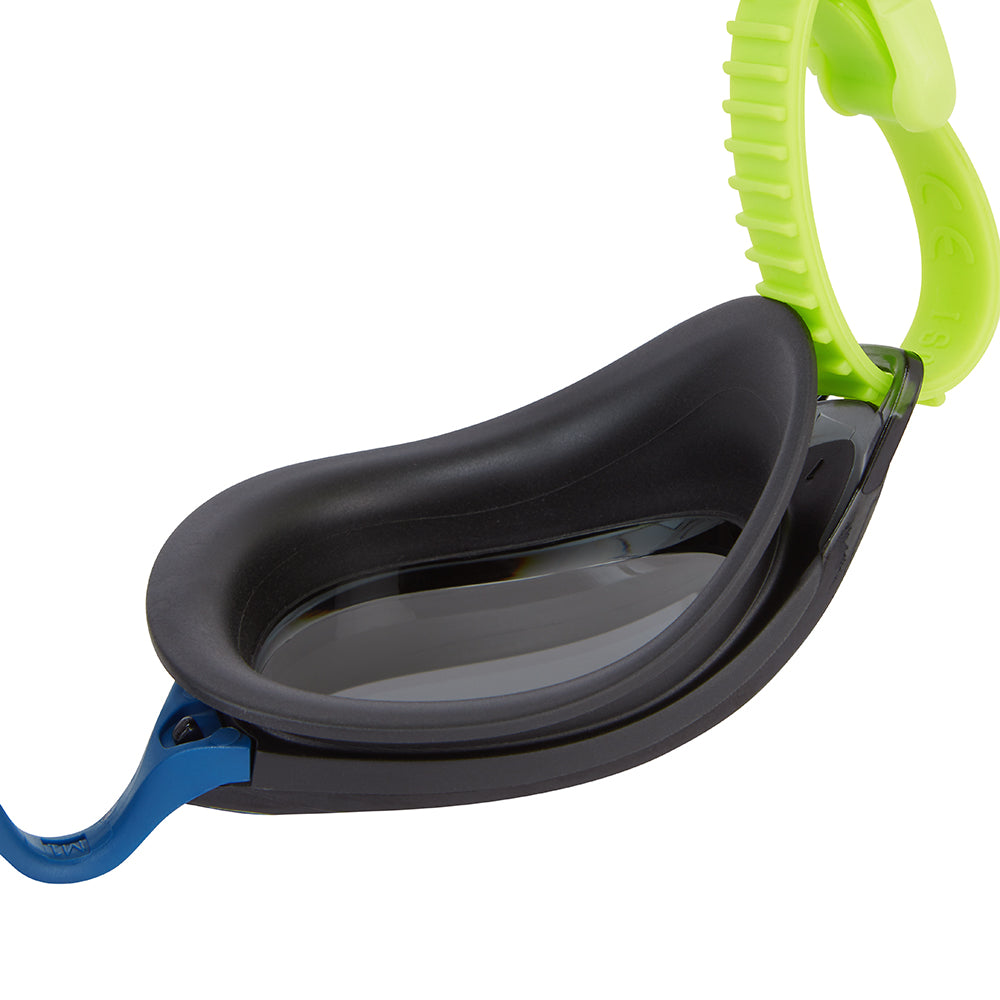 TRI-FIT VOLT swim goggles with black and blue frame and silver mirrored lenses on a white background. 220 Triathlon Best on Test & TRI247 95%