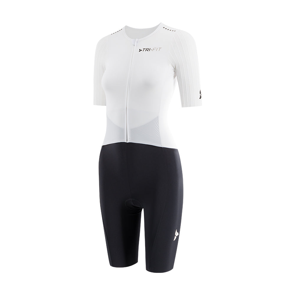 Side view of the women's white/black VORTEX triathlon suit showing aerodynamic sleeves and fit