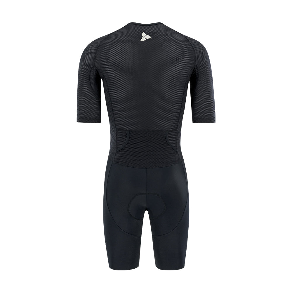 Back view of men’s VANGUARD tri-suit in black, showing dual rear pockets and anatomical panel layout