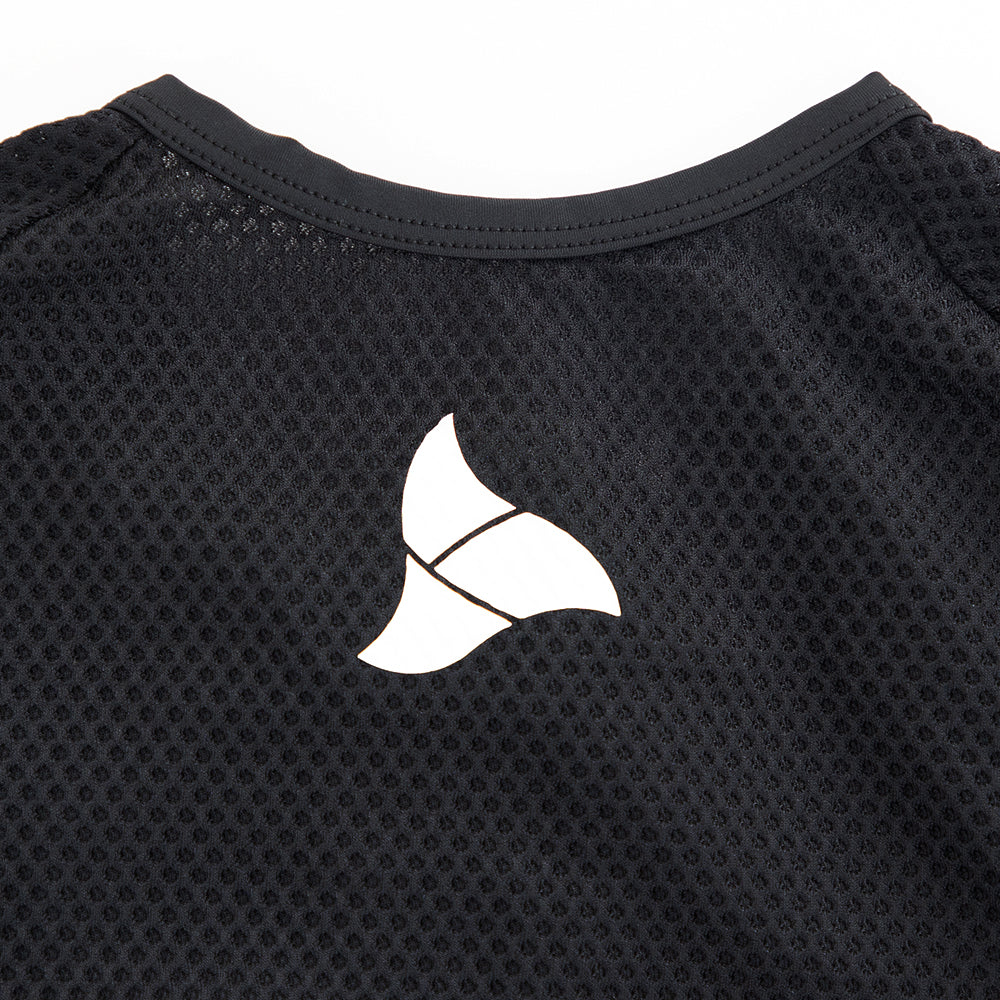 TRI-FIT logo on the rear collar of VANGUARD tri-suit in black, printed on breathable mesh fabric