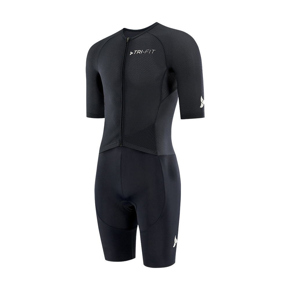 Side profile of men’s VANGUARD tri-suit in black, showing ergonomic fit and full-body construction