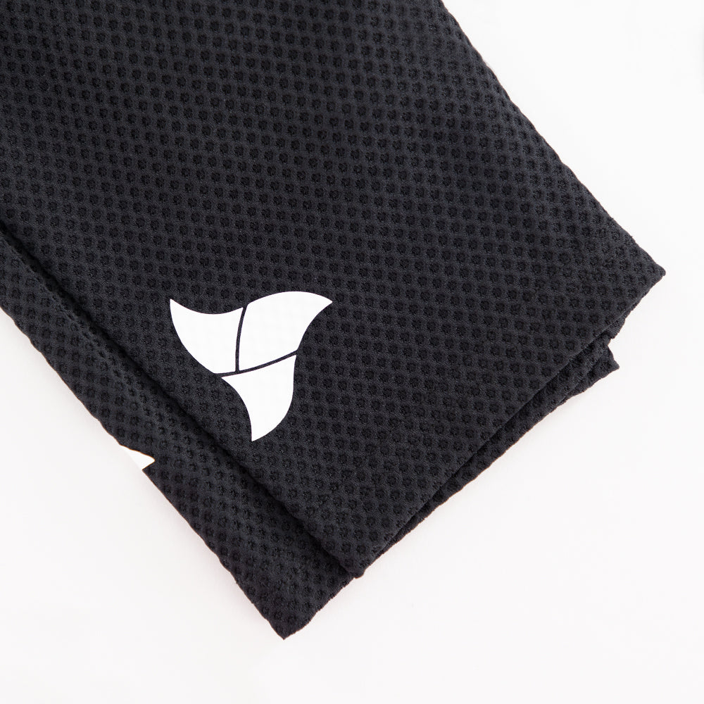 White TRI-FIT logo printed on black mesh sleeve of VANGUARD tri-suit, with laser-cut hem