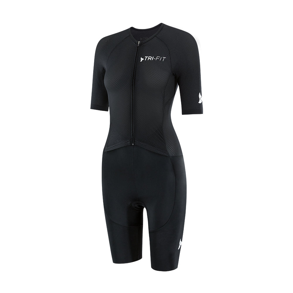Side angle of TRI-FIT women’s VANGUARD tri-suit in black showing ergonomic fit and panel shaping