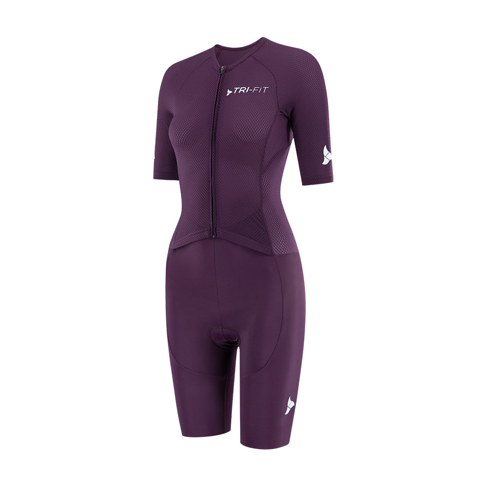 Side angle of TRI-FIT women’s VANGUARD tri-suit in plum showing ergonomic fit and panel shaping