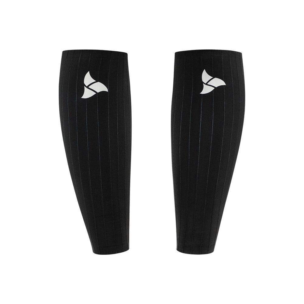Front view of black VORTEX Calf Sleeves BLACK EDITION showing aerodynamic cut and ribbed aero fabric construction.