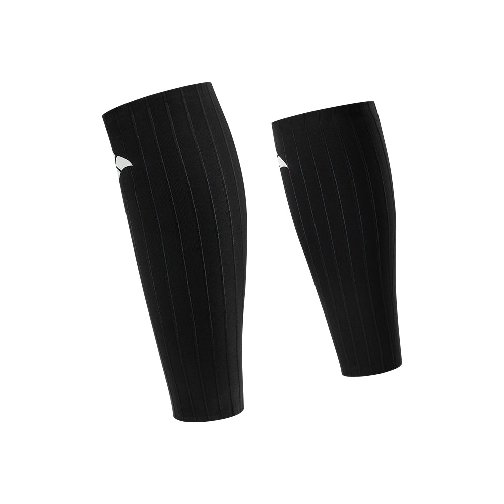 Angled view of VORTEX Calf Sleeves BLACK EDITION with ribbed texture designed to disrupt airflow and reduce drag.