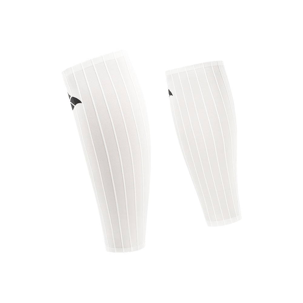 Angled view of VORTEX Calf Sleeves with ribbed texture designed to disrupt airflow and reduce drag.