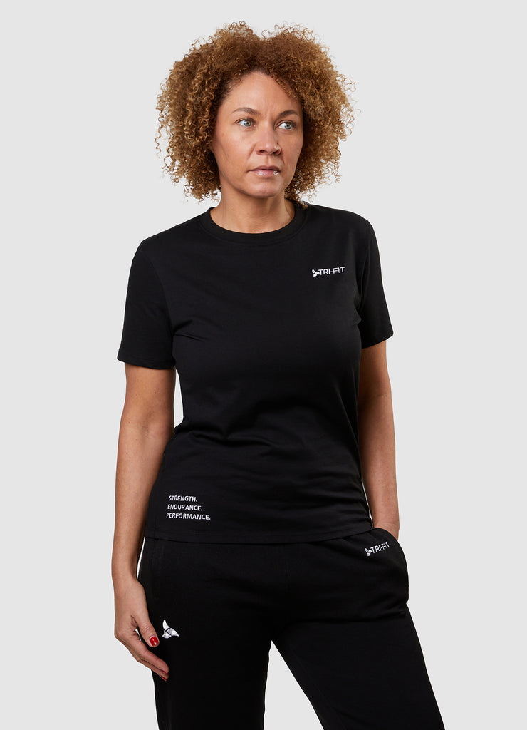 Woman wearing TRI-FIT Casualwear black cotton T-Shirt.