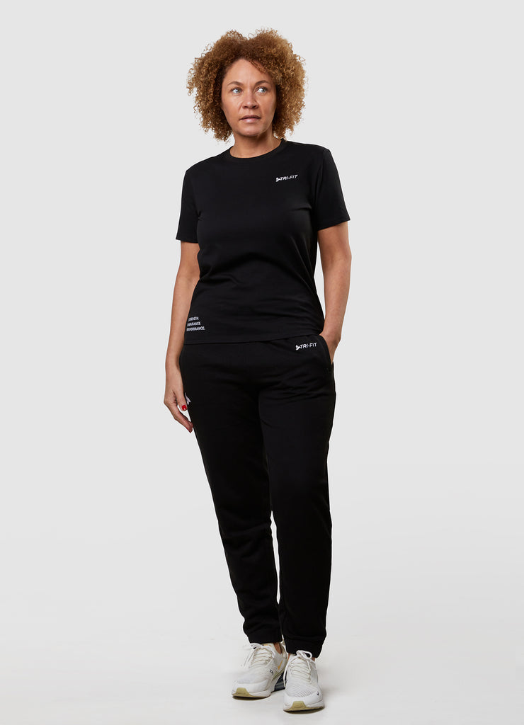 Woman wearing TRI-FIT Casualwear black cotton T-Shirt.