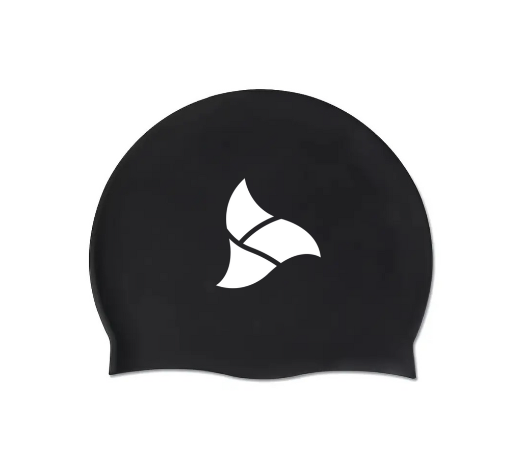 Black swim caps with TRI-FIT logo. 