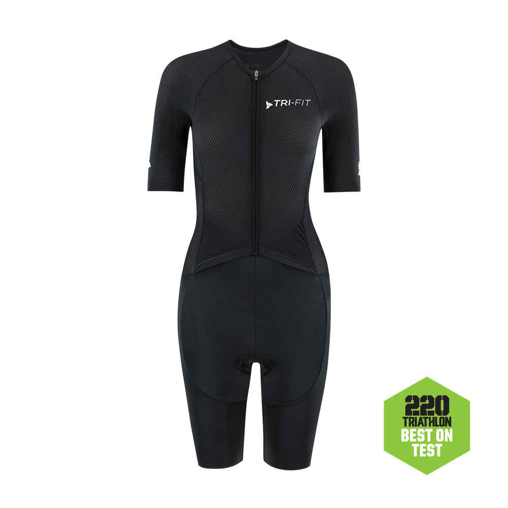 Front view of TRI-FIT VANGUARD tri-suit for women in black, featuring breathable upper and race-fit design. 220 Triathlon Best on Test.