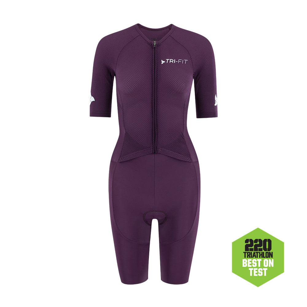 Front view of TRI-FIT VANGUARD tri-suit for women in plum, featuring breathable upper and race-fit design. 220 Triathlon Best on Test.