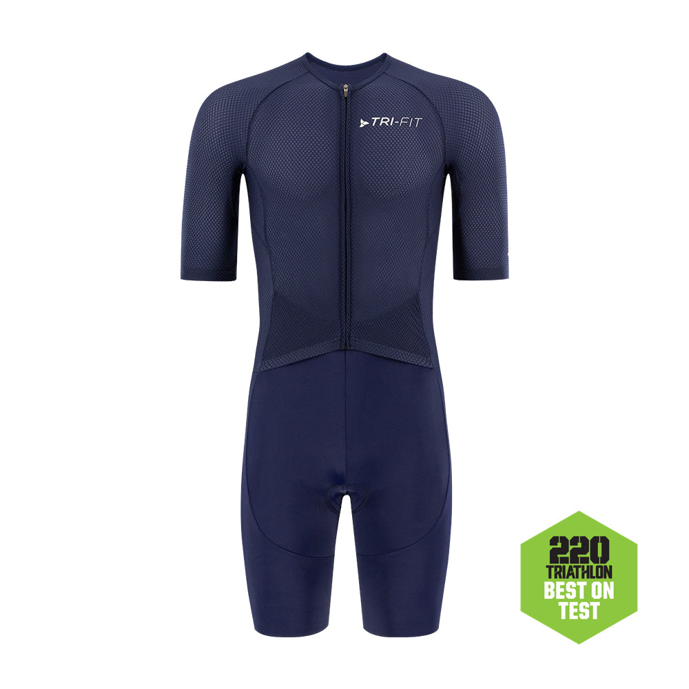 Front view of TRI-FIT men’s VANGUARD tri-suit in navy, featuring full-length zip and breathable upper. 220 BEST ON TEST.