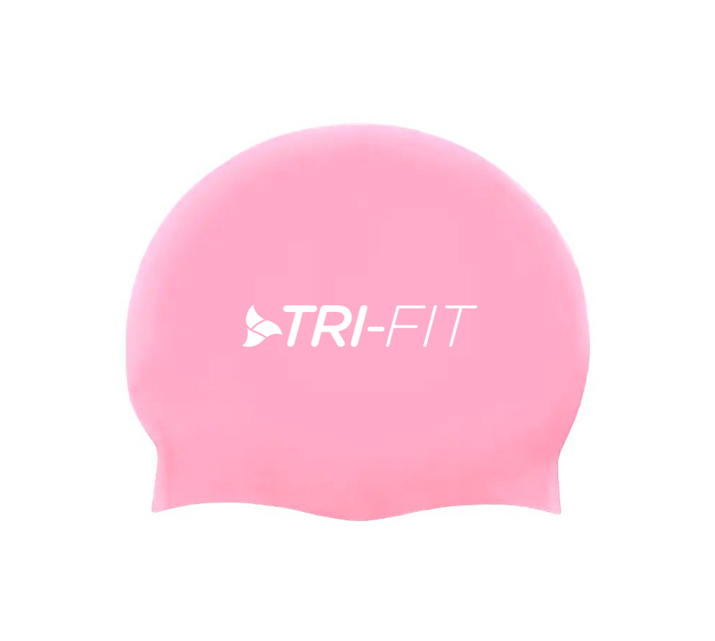 Pink swim cap with TRI-FIT logo. 