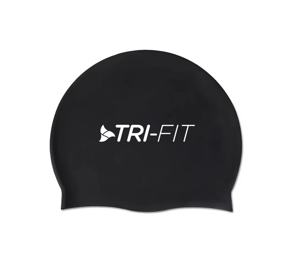 Black swim caps with TRI-FIT logo. 