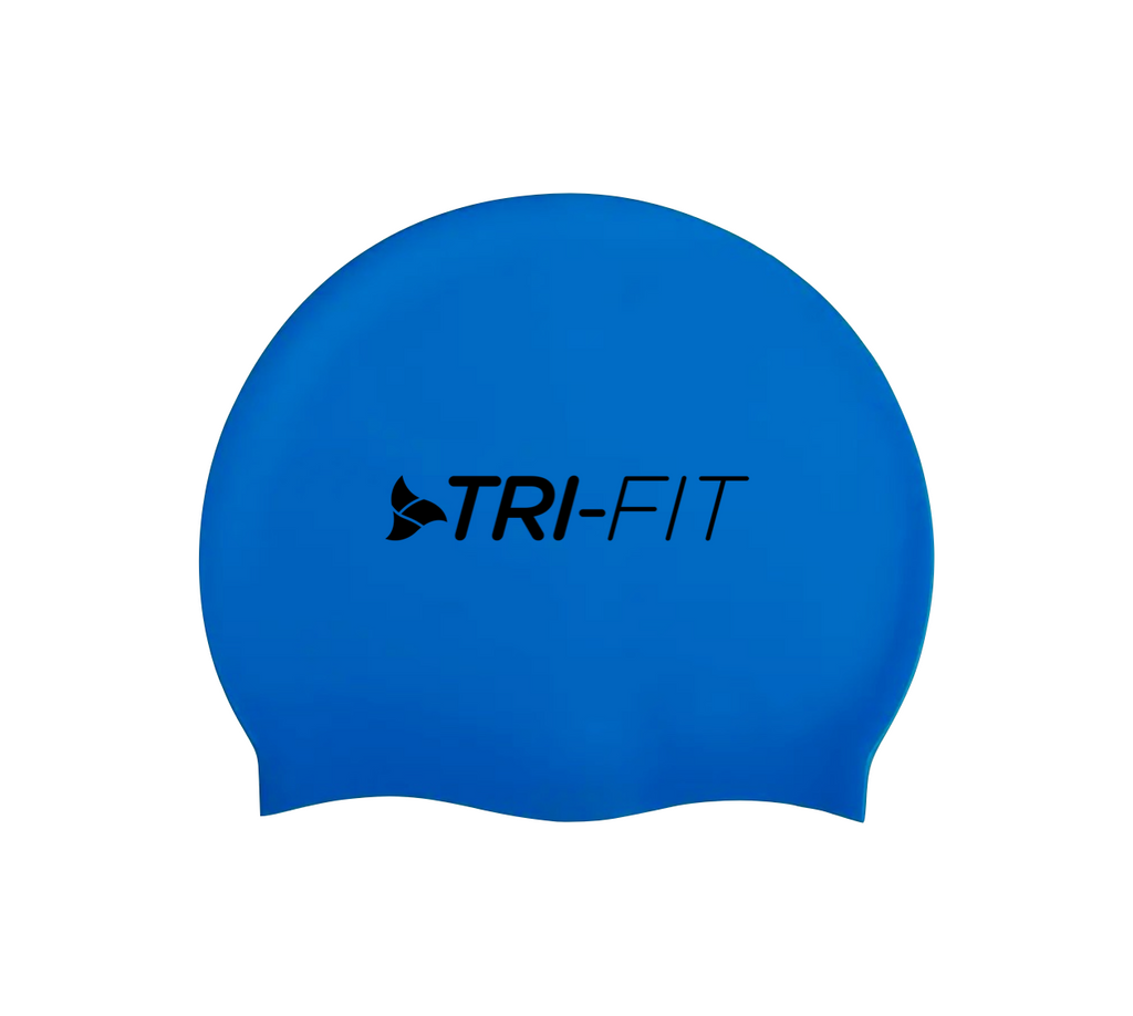 Blue swim cap with TRI-FIT logo. 