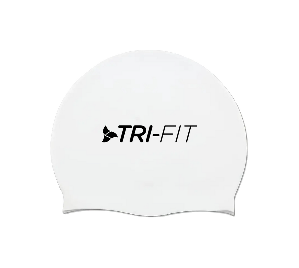 White swim cap with TRI-FIT logo.