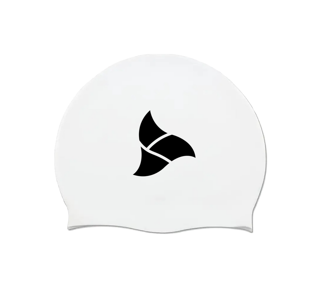 White swim cap with TRI-FIT logo.