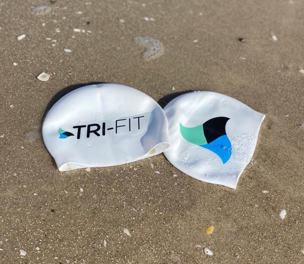 Front and back shown side by side of the Tri-Fit swim cap