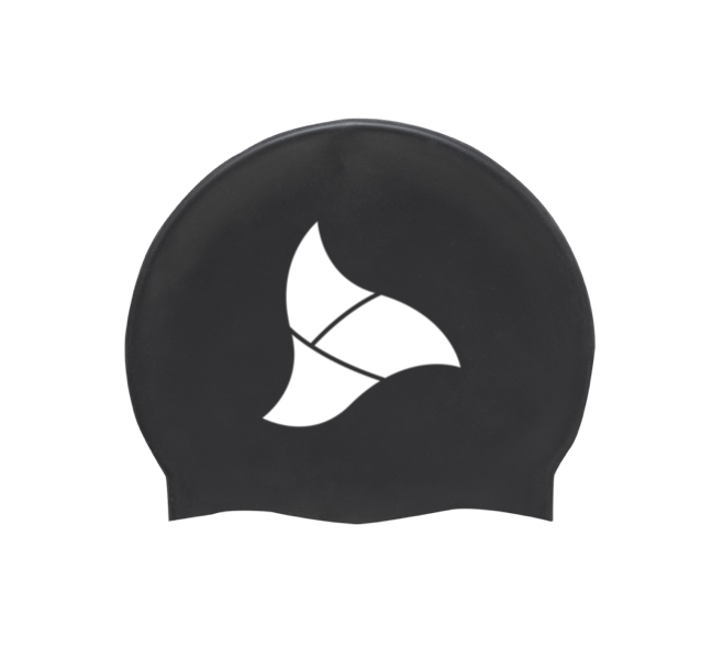 black tri-fit swim cap showing logo in white