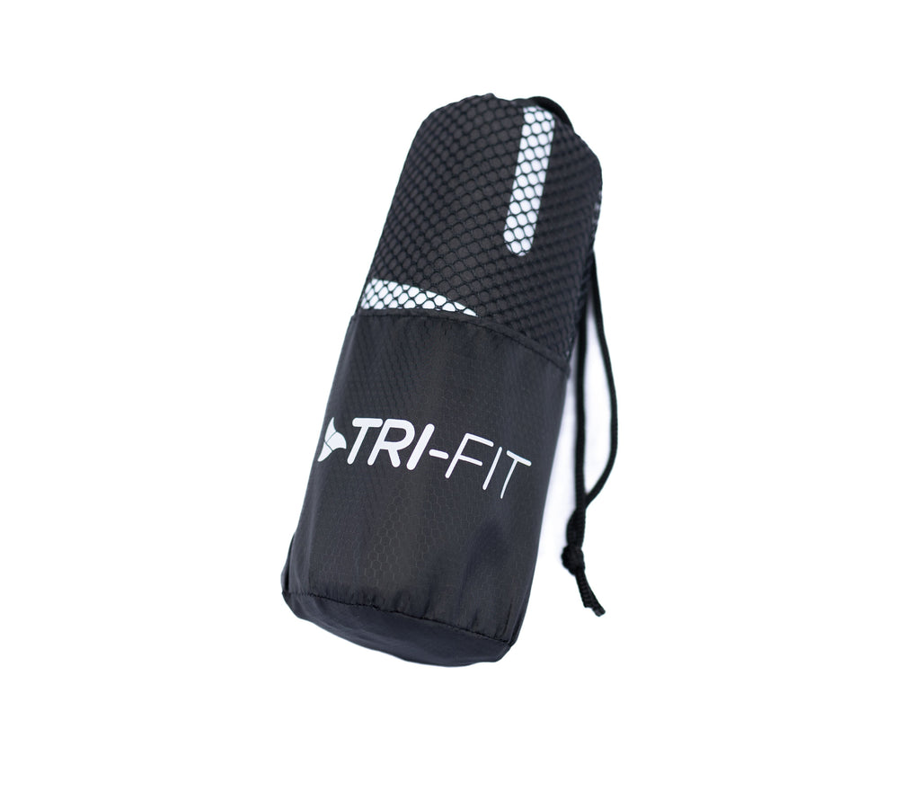 tri-fit transition towel in handy grab pack in black with white tri-fit logo