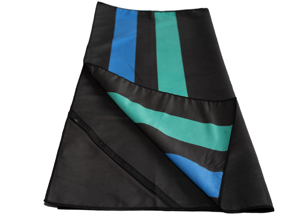 TRI-FIT transition towel laid out in black showing tri-fit colours of aqua and blue