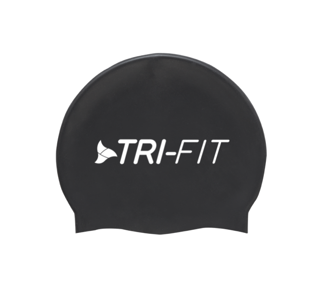 black tri-fit swim cap showing logo in white